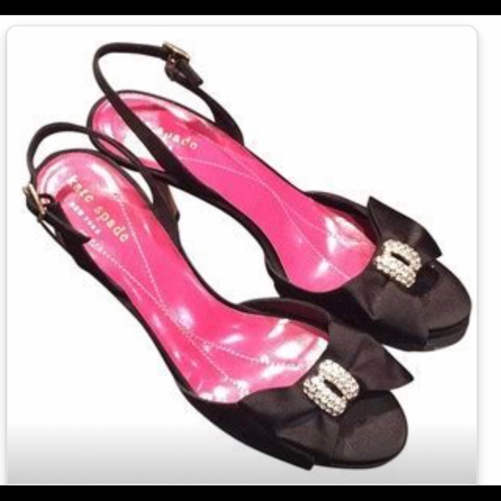 Kate Spade satin black peep toe w/rhinestone bow